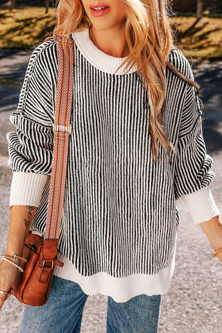 Bright Pink Striped Contrast Trim Loose Sweater