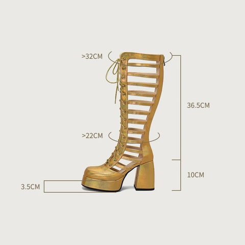 - Hochwertige Sommer-Gladiator-Sandalen für Damen, Gothic, Punk, Streetwear, klobige, quadratische Absätze, Plateau, überkreuzt, hohl, kniehohe Stiefel, Größe 47 