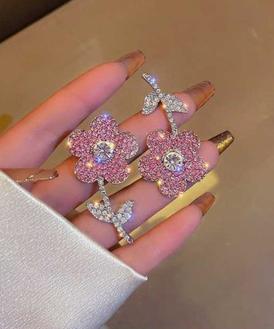 Neue modische rosa Organza Blume Kristall Quaste Ohrringe 