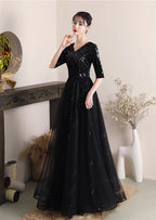 A-Linien V-Ausschnitt Pailletten und Tüll Langes Abendkleid Hochzeitsfeierkleid