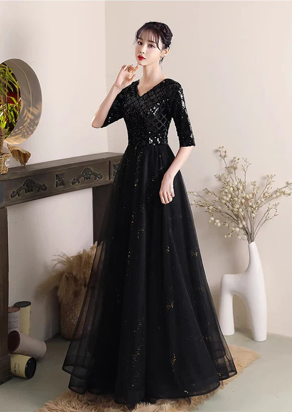 A-Linien V-Ausschnitt Pailletten und Tüll Langes Abendkleid Hochzeitsfeierkleid