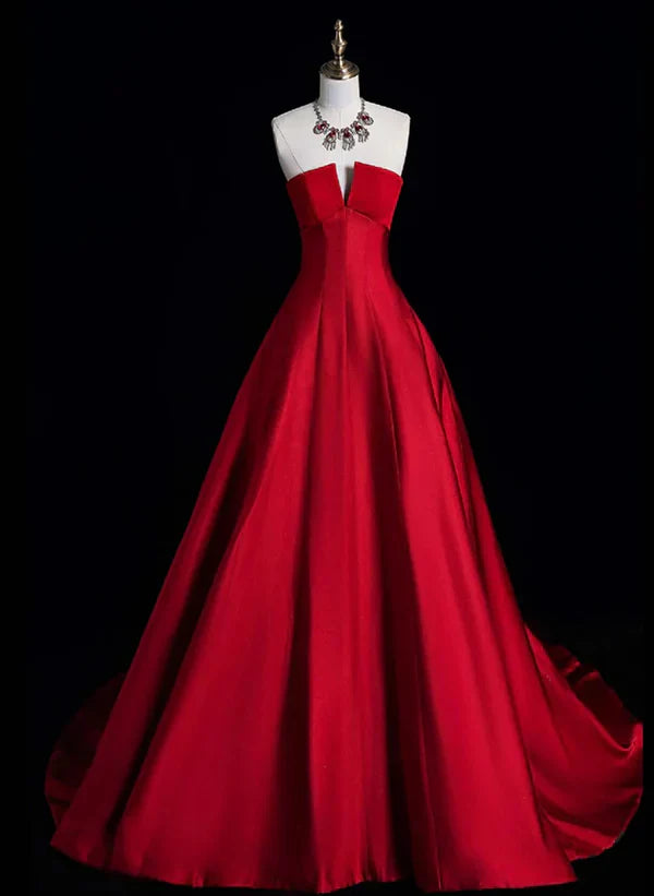 A-Linien-Ballkleid, rot, schlicht, aus Satin, langes Partykleid, Abendkleid, formelles Kleid