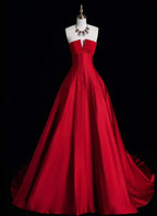 A-Linien-Ballkleid, rot, schlicht, aus Satin, langes Partykleid, Abendkleid, formelles Kleid