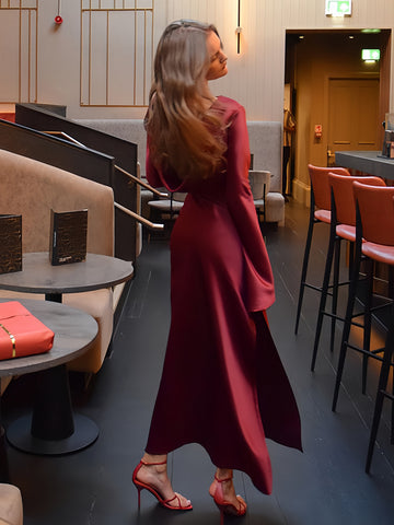 Flowy Stain Dress Boatneck Rufflles Sleeves Draped Back Prom Maxi Dresses