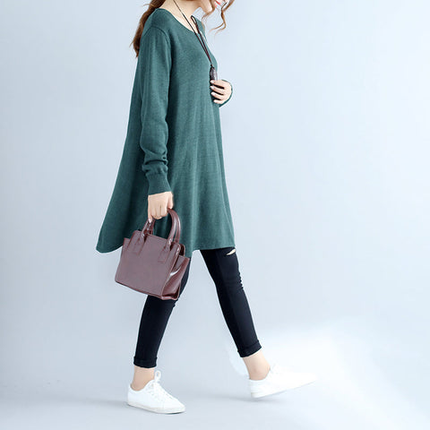 Nuevo vestido informal de algodón verde y acogedor, de gran tamaño, para mujer, de punto 