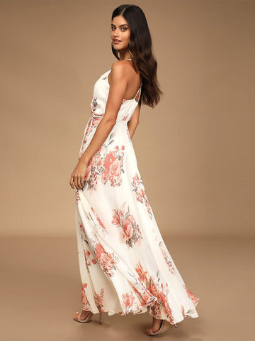 Vestido largo informal sin mangas con cuello en V y estampado floral 