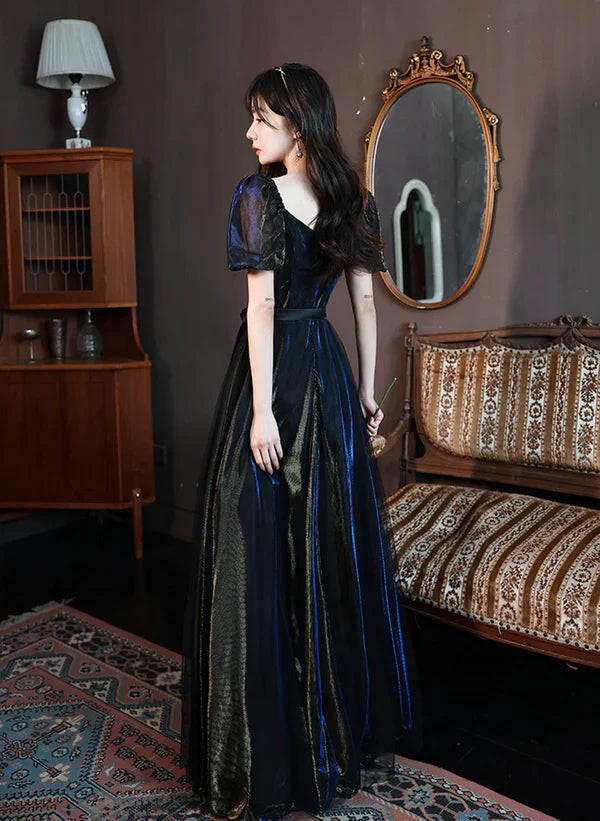 Vestido de noche largo de tul con brillo, corte en A, manga corta, para baile de graduación