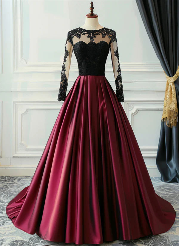 A-Linien-Ballkleid weinroter Satin mit schwarzer Spitze Langarm Abschlussballkleid festliches Kleid