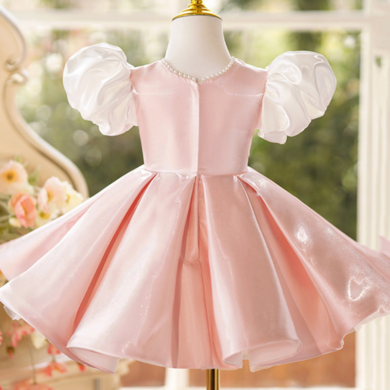Niedliches rosa Blumenmädchenkleid mit Puffärmeln und Schleife für Babys und Kleinkinder, ideal für die Erstkommunion 