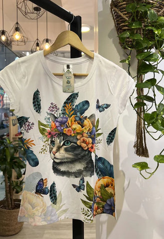Round Neck Cat Print Short-sleeved T-shirt