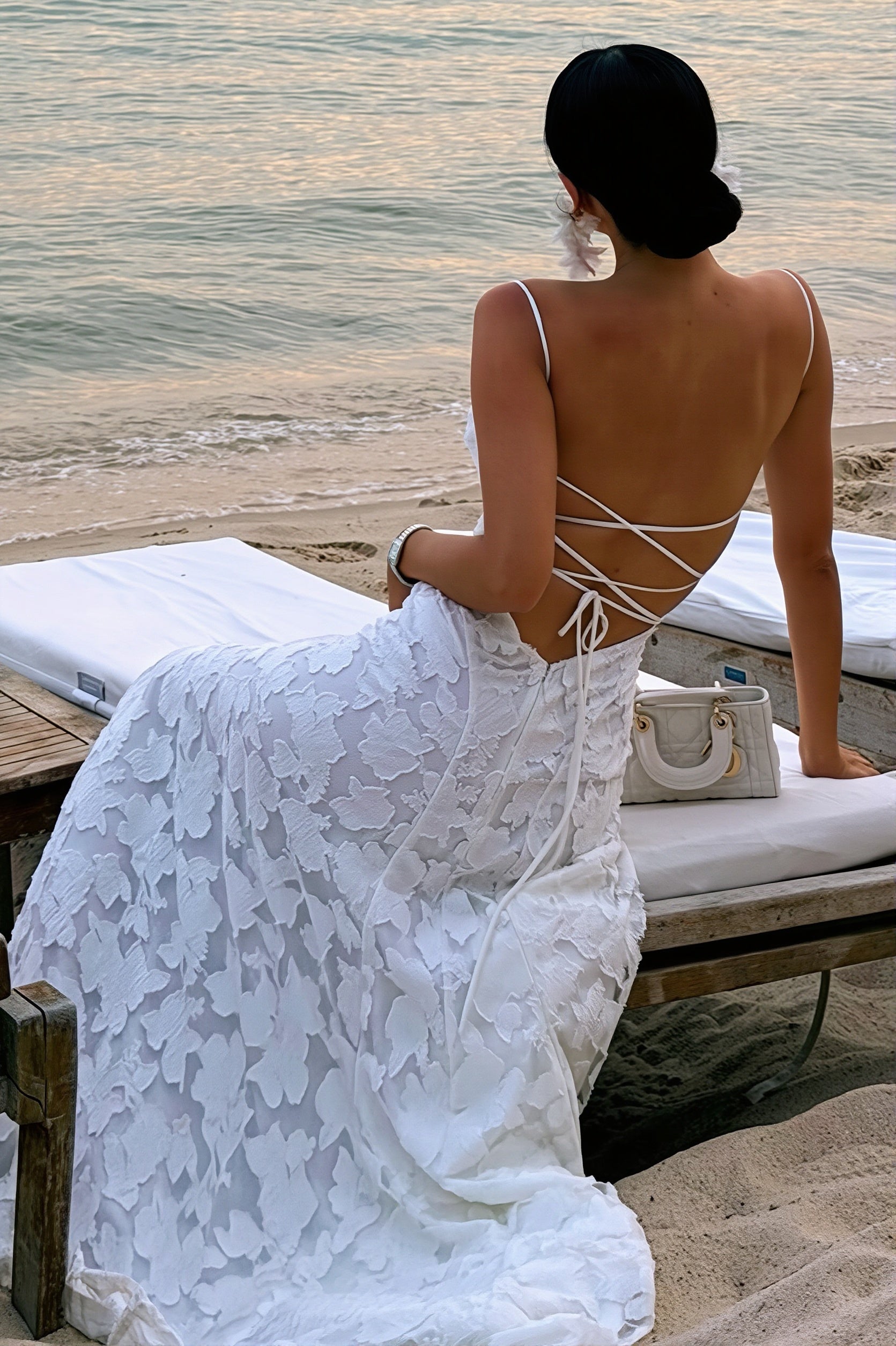 Chiffon Jacquard Backless Cami Maxi Dress