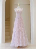 Leichtes langes Ballkleid aus Spitze mit Rundhalsausschnitt, A-Linie, pink, bodenlang
