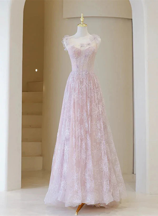 Leichtes langes Ballkleid aus Spitze mit Rundhalsausschnitt, A-Linie, pink, bodenlang