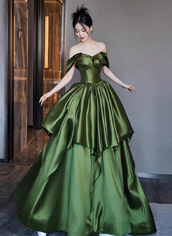 Satin-A-Linie Carmen-Ballkleid mit Rüschen und Stufen, bodenlang, Partykleid, Ballkleid
