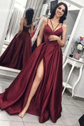 A-Linien-Abendkleid in Burgunderrot mit Spaghettiträgern und Schleier