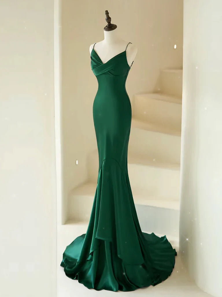 Meerjungfrau V-Ausschnitt Satin Langes Ballkleid Abendkleid mit Schleppe