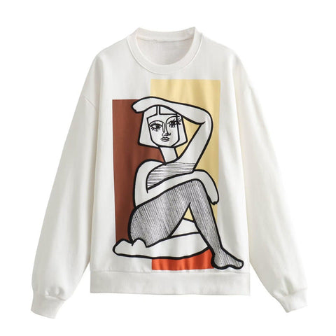 Suéter holgado de algodón con estampado bordado para niña, color blanco otoñal 