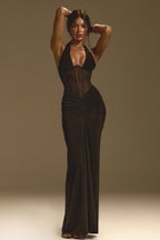Halter Mesh Panel Maxi Dress