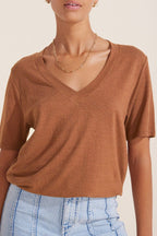 Minimalist Solid Deep V Neck Slub Cotton Loose T-shirt
