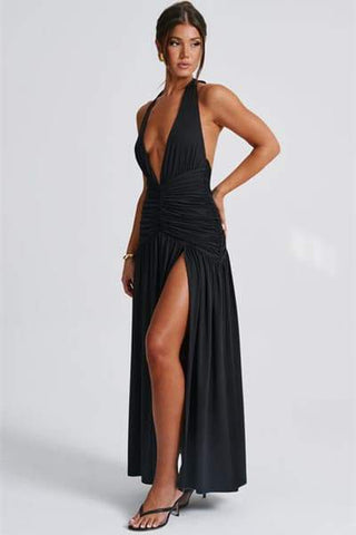 Vestido largo Norma con cuello en V profundo y cuello halter 