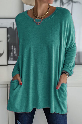 Tops casuales de cuello redondo con bolsillos y parches sólidos (13 colores) 