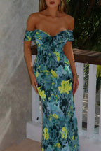 Tie Strapless Ruffled Print Sexy Bodycon Maxi Dress