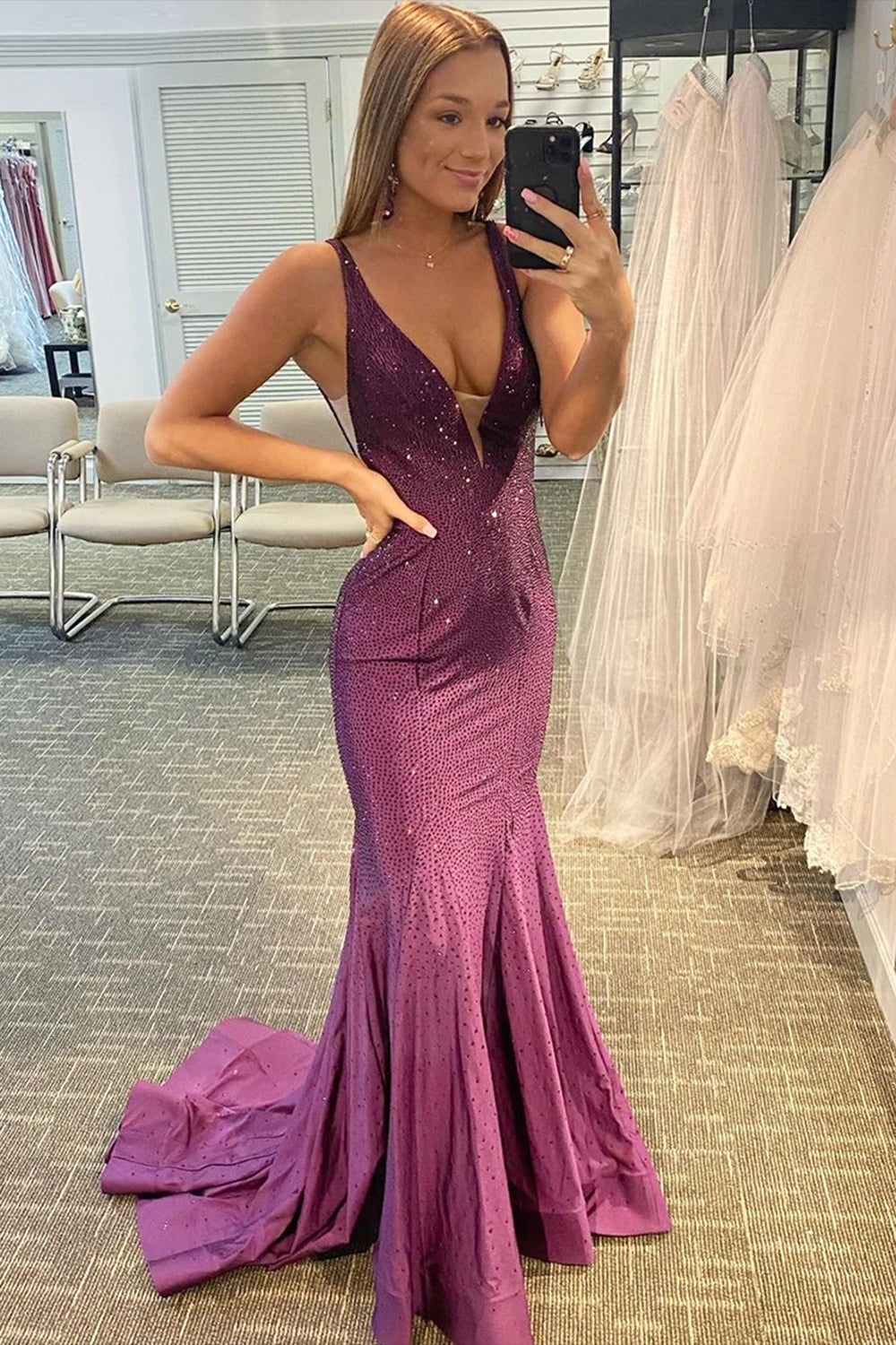 Mermaid Deep V Neck Pink Long Prom Dress with Beading