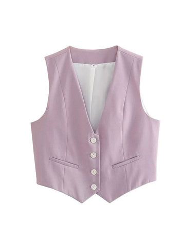 Chaleco corto sin mangas de un solo pecho, informal, a la moda, con cuello en V y bolsillos, ropa de calle sencilla de verano 2024 para mujer 