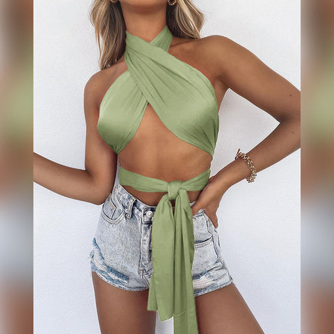 Tossy Strappy Cross Satin Halter Crop Tops Women Backless Bandage Bow Tie Up Tanks Top Sexy Ladies Vest Summer Chic Top 2021 New