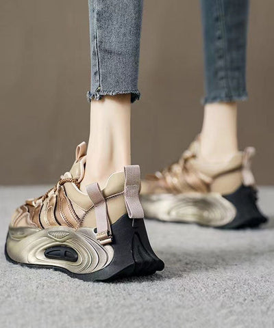 Gold Flat Shoes For Platform Genuine Leather 2024 Splicing Cross Strap