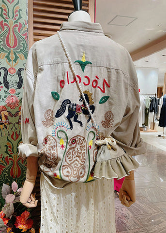 Französischer hellgrauer bestickter Baumwollmantel mit langen Ärmeln 