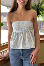 Floral Ruffle Strapless Cropped Blouse