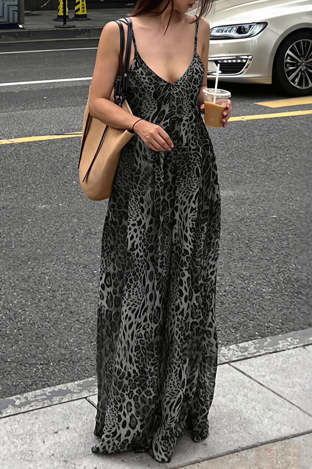 Leopard Print V Neck Backless Cami Vacation Maxi Dress