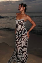 Zebra Print Backless Tie Bodycon Maxi Dress