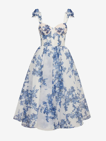 Vestido midi elegante de fiesta con tirantes finos y estampado floral en color azul cielo claro con corsé y corte en A 