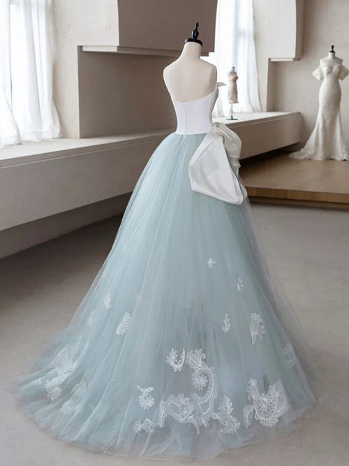 A-Line Tulle Lace Blue Strapless Long Prom Dress Formal Dress