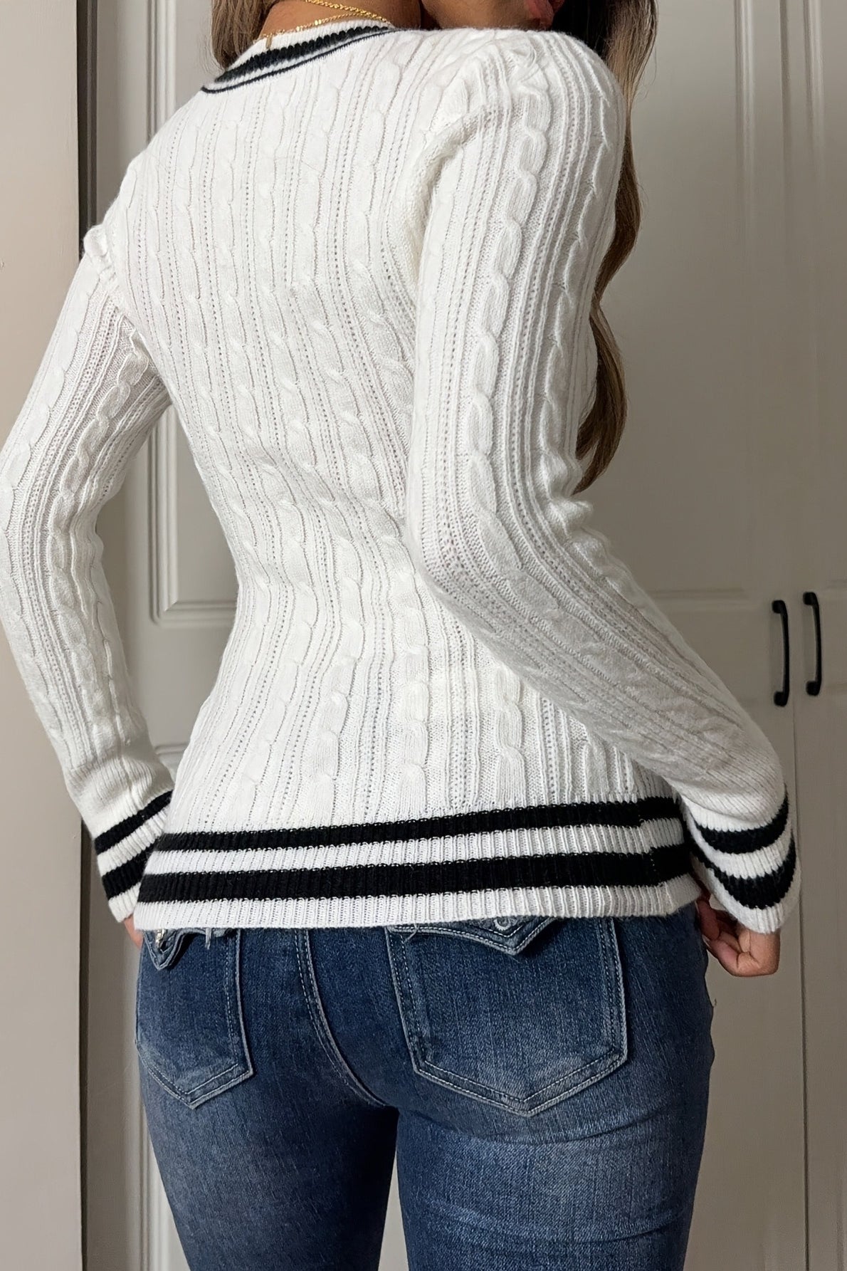 V Neck Striped Long Sleeve Slim Fit Knit Pullover Sweater