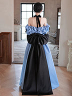 Satin Off Shoulder Schwarzes Spitzen-Partykleid A-Linie Blaues Ballkleid Abendkleid