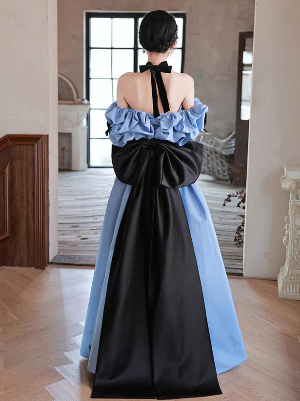 Satin Off Shoulder Schwarzes Spitzen-Partykleid A-Linie Blaues Ballkleid Abendkleid