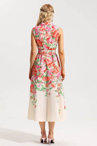 Vestido midi sin mangas con estampado floral y cinturón 
