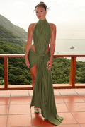Halter Tie Cutout Back Solid Bodycon Maxi Dress