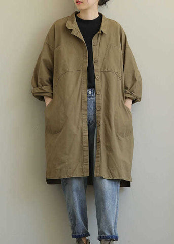 Abrigo informal de algodón con cuello Peter Pan, bolsillos y patchwork, manga larga, color caqui 