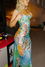 Lace Print Backless Bodycon Maxi Dress