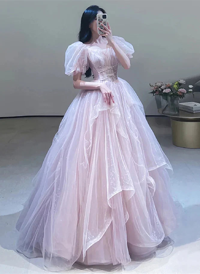 A-Line Princess Off Shoulder Tulle Beaded Sweetheart Bubble Sleeved Ballgown Evening Dress Prom Dress