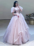 A-Line Princess Off Shoulder Tulle Beaded Sweetheart Bubble Sleeved Ballgown Evening Dress Prom Dress