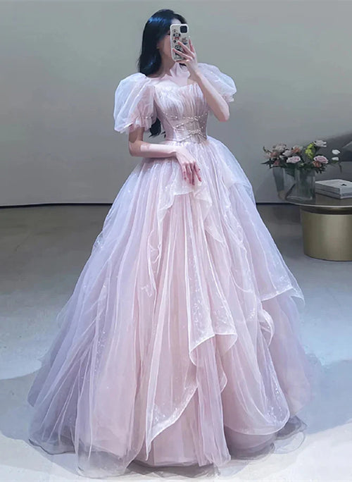 A-Line Princess Off Shoulder Tulle Beaded Sweetheart Bubble Sleeved Ballgown Evening Dress Prom Dress