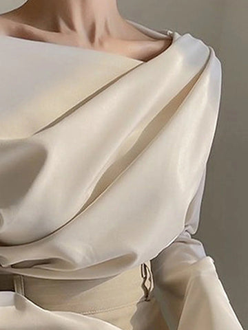 Flared Sleeves Long Sleeves Pleated Solid Color Boat Neck T-Shirts Tops