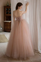 A-Linien-Prinzessinnenkleid aus rosa Tüll, schulterfrei, perlenbesetzt, langes Partykleid, Tüll-Abendkleid