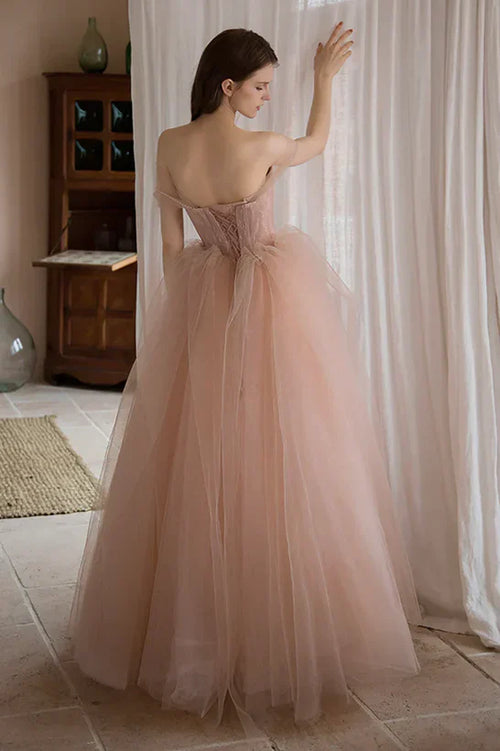 A-Line Princess Pink Tulle Off Shoulder Beaded Long Party Dress Tulle Prom Dress