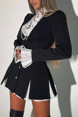 Altair Kontrastierendes Rüschenhemd Patchwork-Knopffaltenblazer-Minikleid